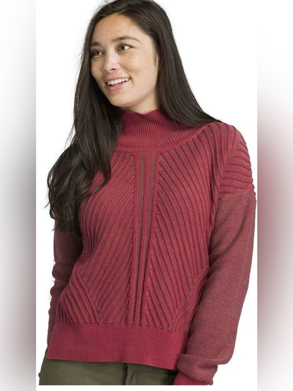 Women's Ribbed Mock Neck Sweater - Burgundy Cotton PRANA Medium